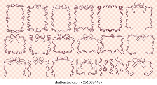 big set of retro frames with ribbons fancy frames for greeting card, squiggly and wavy borders. Minimalist line art