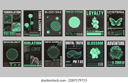 Big set of retro futuristic posters isolated on black background.Trendy brutalism style. Geometric shapes and abstract forms.Abstract print design for street wear, t-shirts and sweatshirt.Vector