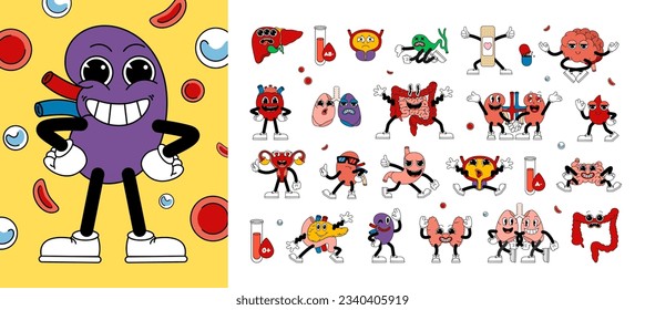 Big set of retro human organs in funny comic cartoon style, gloved hands. Contemporary illustration with cute comic human organs characters. Doodle comic characters. contemporary cartoon style.