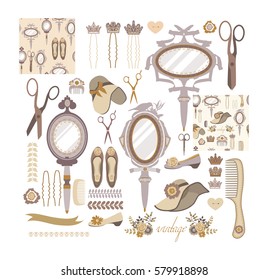 Big set of retro icons: a mirror, a comb, hat, shoes. Can be used as a background for the site and design of the fabric. Vector. Hand drawn vintage salon. Fashion and accessories of the golden 20s 