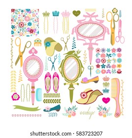 Big set of retro icons: a mirror, a comb, hat, shoes. Can be used as a background for the site and design of the fabric. Vector. 
