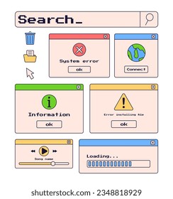 Big set of retro interface. 80s 90s old computer user interface elements and vintage aesthetic icons. Retro icons. Y2k windows, retro screens. Vector illustration of UI and UX