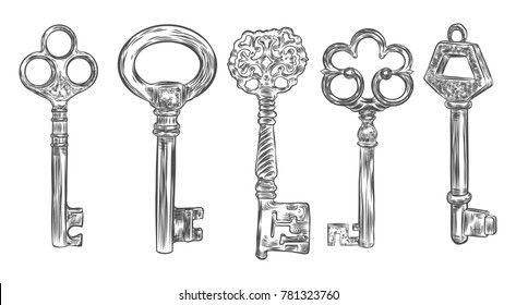 Big set of retro keys, vintage style. Key collection illustration for antiques decoration.  Ornamental medieval collection. Hand drawn old realistic design Vector.