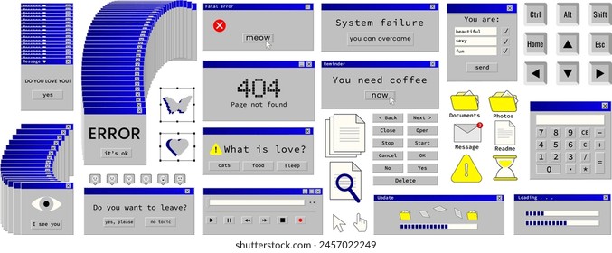 Big set in retro style. Old computer aestethic elements. Nostalgia for 1990s -2000s. Retro pc user interface in trendy in a realistic style. Vector illustration. Isolated white background