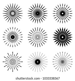 Big set of Retro Sun burst shapes. Vintage logo, labels, badges. Vector design element isolated. Minimal black firework burst