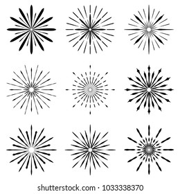 Big set of Retro Sun burst shapes. Vintage logo, labels, badges. Vector design element isolated. Minimal black firework burst