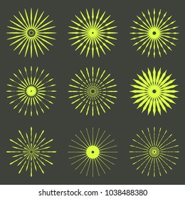 Big set of Retro Sun burst shapes. Vintage logo, labels, badges. Vector design element isolated. Minimal gold firework burst