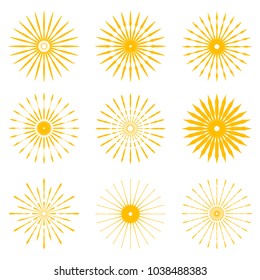 Big set of Retro Sun burst shapes. Vintage logo, labels, badges. Vector design element isolated. Minimal gold firework burst