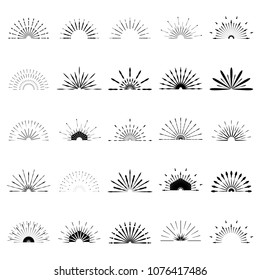 Big set of Retro Sun burst shapes. 25 Half Vintage logo, labels, badges. Vector design element isolated. Minimal black firework burst.