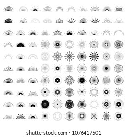 Big set of Retro Sun burst shapes. 100 Vintage logo, labels, badges. Vector design element isolated. Minimal black firework burst.