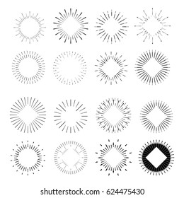 Big set of Retro Sun burst shapes. Vintage logo, labels, badges. Vector design elements isolated. Minimal black firework burst.