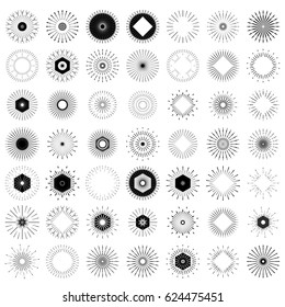 Big set of Retro Sun burst shapes. Vintage logo, labels, badges. Vector design elements isolated. Minimal black firework burst.