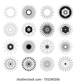 Big set of Retro Sun burst shapes. Vintage logo, labels, badges. Vector design elements isolated. Minimal black firework burst.