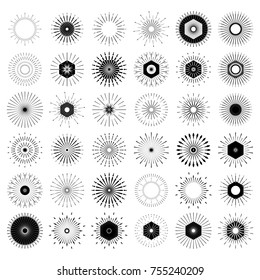 Big set of Retro Sun burst shapes. Vintage logo, labels, badges. Vector design elements isolated. Minimal black firework burst.