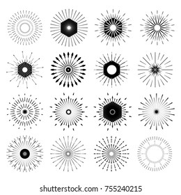 Big set of Retro Sun burst shapes. Vintage logo, labels, badges. Vector design elements isolated. Minimal black firework burst.