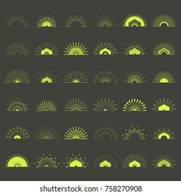 Big set of Retro Sun burst shapes. Vintage logo, labels, badges. Vector design elements isolated. Minimal gold firework burst.