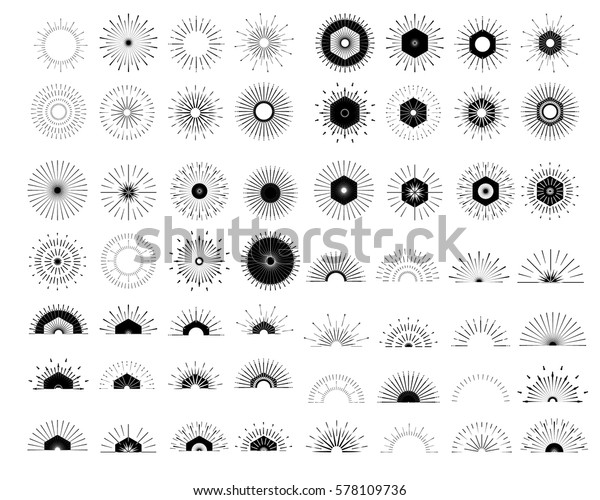 レトロな太陽のバーストシェイプの大きなセット ビンテージロゴ ラベル バッジ ベクター画像デザインエレメント 最小限の黒い花火 が爆発した のベクター画像素材 ロイヤリティフリー