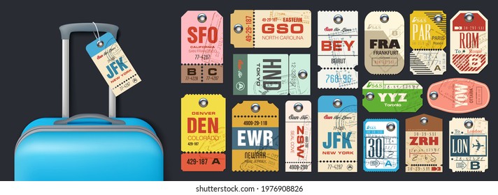 Big set or Retro travel luggage labels, airline tags and baggage tickets. Collection vintage luggage tags. 