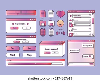 Big set of retro vaporwave desktop browser and dialog window templates. 80s 90s old computer user interface elements and vintage aesthetic icons. Nostalgic retro operating system. Vector illustration.