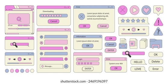 Big set of retro vaporwave desktop browser and dialog window templates. 80s 90s old computer user interface elements and vintage aesthetic icons. Nostalgic retro operating system. Vector illustration.