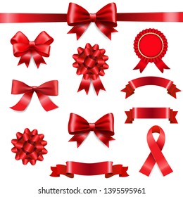 Big Set Ribbon Bow White Background With Gradient Mesh, Vector Illustration