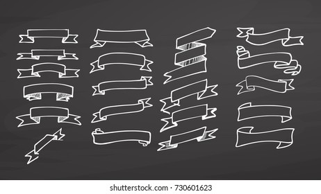 Big set of ribbons on chalkboard. Handdrawn vector sketch, clean outlines, vintage style blackboard.