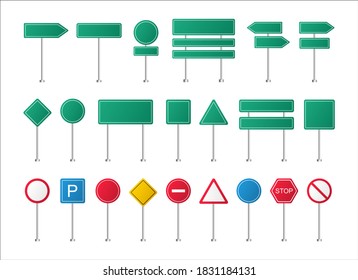 Big set of road signs. Empty traffic signs. Road signposts. Route direction.