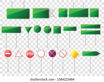 Big Set of road signs isolated on transparent background.Blank street traffic and road signs vector set. Empty banners road sign mock up with place for text