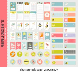 Big Set of Romantic and Cute Vector Cards, Notes, Stickers, Labels, Tags with Spring Illustrations and Wishes. Template for Greeting Scrap booking, Congratulations, Invitations. Vertical Card Design