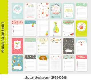 Big Set of Romantic and Cute Vector Cards, Notes, Stickers, Labels, Tags with Spring Illustrations and Wishes. Template for Greeting Scrap booking, Congratulations, Invitations. Vertical Card Design