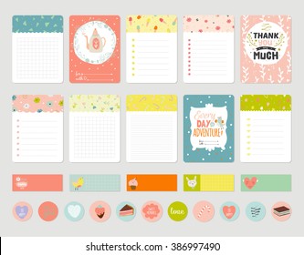 Big Set of Romantic and Cute Vector Cards, Notes, Stickers, Labels, Tags with Spring Illustrations and Wishes. Template for Greeting Scrap booking, Congratulations, Invitations. Vertical Card Design