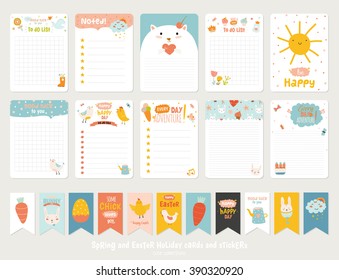 Big Set of Romantic and Cute Vector Cards, Notes, Stickers, Labels, Tags with Spring Illustrations and Wishes. Template for Greeting Scrap booking, Congratulations, Invitations. Vertical Card Design