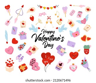 Big set of romantic doodle icons for Valentine's day, 14 February, black and white colors, isolated elements.