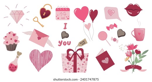 Big set of romantic doodle icons for Valentines day, 14 February, Wedding, isolated elements. Elements for poster, party, holiday invitation, festive banner, card. Vector cartoon illustration.
