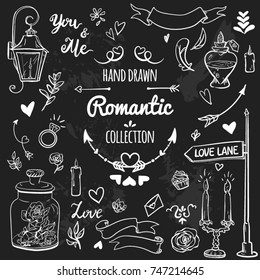 Big set of romantic elements with banners, lettering, flowers, hearts, arrows, candles, lantern. Vintage hand drawing style. Wedding,Valentines day, holidays, birthday, design templates, invitations