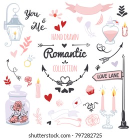 Big set of romantic elements with banners, lettering, flowers, hearts, arrows, candles, lantern. Vintage hand drawing style. Wedding,Valentines day, holidays, invitations, scrap booking, stickers.