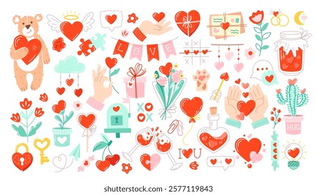 Big set of romantic elements, hearts, symbols of love, gifts, flowers. Cartoon stickers for Valentine's Day. Isolated vector illustrations. Perfect for, banner, card, postcard, cover. Editable stroke.