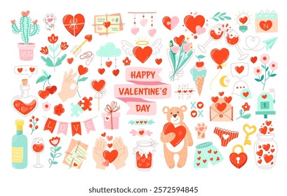 Big set of romantic elements, love envelope, hearts, symbols of love, gifts, flowers. Cartoon stickers for St. Valentine's Day on February 14. Isolated vector illustrations. Editable stroke.