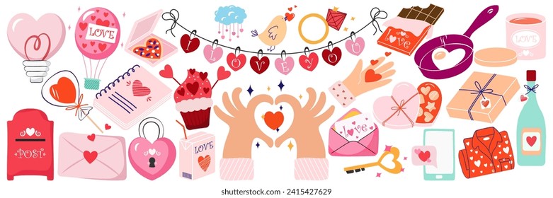 Big set of romantic elements for Valentine s day. Hearts, sweets, flowers, cupcakes, gifts, ice cream and other cute items. Vector illustrations for valentines day, stickers, greeting cards