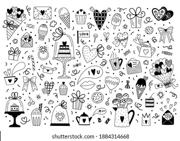 Big set of romantic elements for Valentine's day. Hearts, sweets, flowers, cupcakes, gifts, ice cream and other cute items. Vector doodle illustrations for valentines day, stickers, greeting cards.