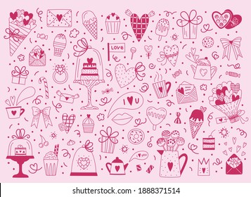 Big set of romantic elements for Valentine's day in pink colors. Hearts, sweets, flowers, cupcakes, gifts, ice cream and other cute items. Vector doodle illustrations for valentines day, stickers etc.