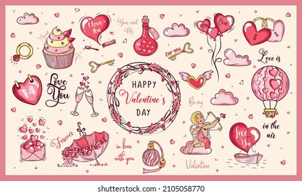 Big set of romantic elements for Valentine's day. Vector illustrations for valentines day, stickers, greeting cards, etc.