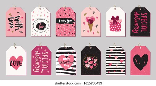 Big set of romantic gift box tag lor sale shopping labels, banners, card design forValentine's day design. Hand drawn vector scandinavian style illustration