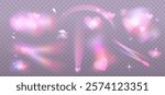 Big set of romantic lens, crystal pink light and flare transparent effect elements. Valentine
