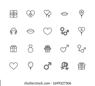 Big set of romantic line icons. Vector illustration isolated on a white background. Premium quality symbols. Stroke vector icons for concept or web graphics. Simple thin line signs. 