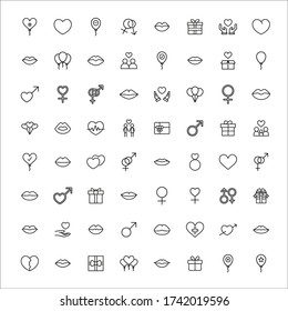 Gran conjunto de iconos románticos de línea. Ilustración vectorial aislada en un fondo blanco. Símbolos de calidad premium. Iconos vectoriales de trazo para el concepto o gráficos web. Sencillos signos de línea delgada. 