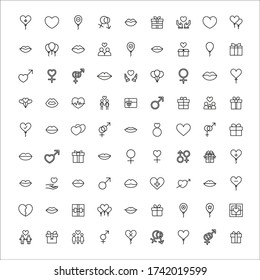 Big set of romantic line icons. Vector illustration isolated on a white background. Premium quality symbols. Stroke vector icons for concept or web graphics. Simple thin line signs. 