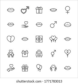 Gran conjunto de iconos románticos de línea. Ilustración vectorial aislada en un fondo blanco. Símbolos de calidad premium. Iconos vectoriales de trazo para el concepto o gráficos web. Sencillos signos de línea delgada. 