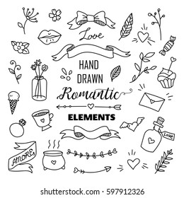 Big set of romantic style hand drawn elements with banners, badges, flowers, leaves, arrows. Greeting card design elements, love, romantic icon set