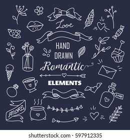 Big set of romantic style hand drawn elements with banners, badges, flowers, leaves, arrows. Greeting card design elements, love, romantic icon set. Chalkboard background. 